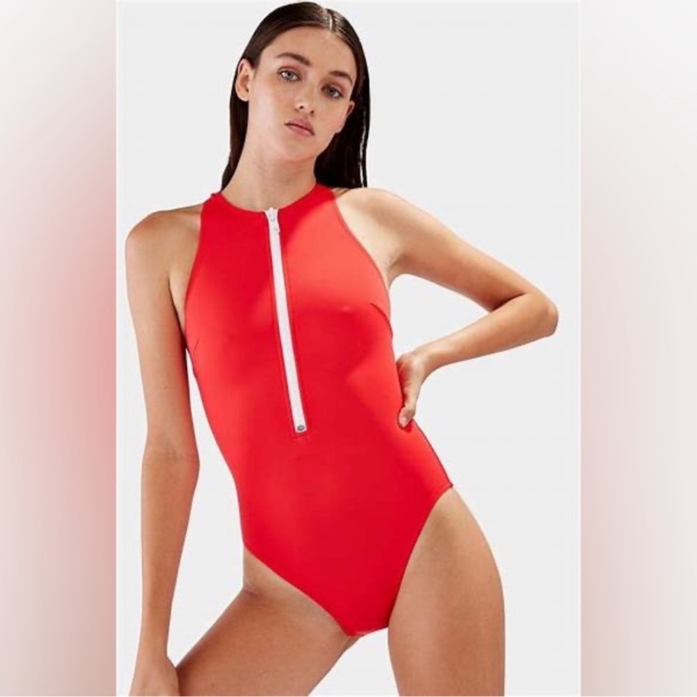 SOLID & STRIPED The Anne Marie cherry Red Zip-Front One-Piece Swimsuit M